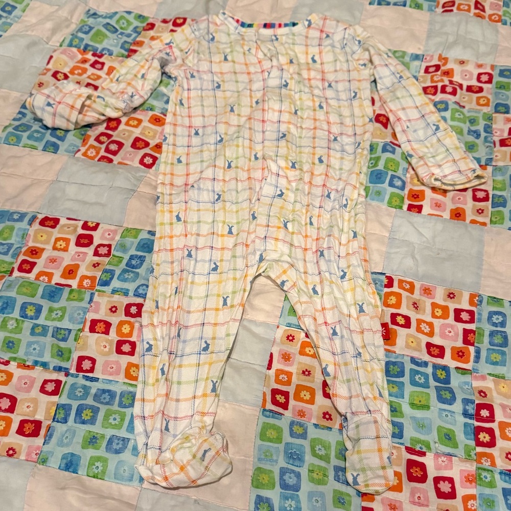 Magnetic Me Kids One-Piece Footed Pajamas in Pastel Plaid and Blue Bunnies